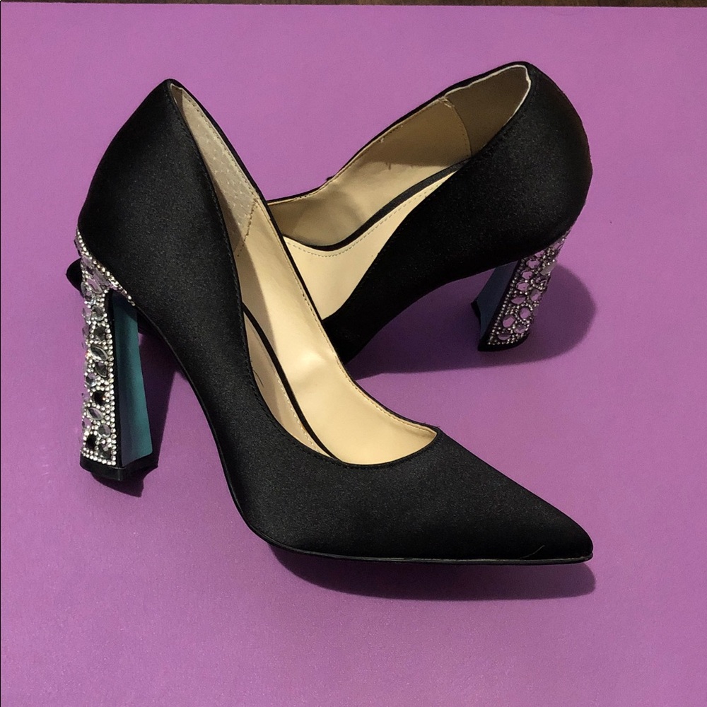 Betsey Johnson Black Satin Pointed Pumps with Jeweled Block Heels